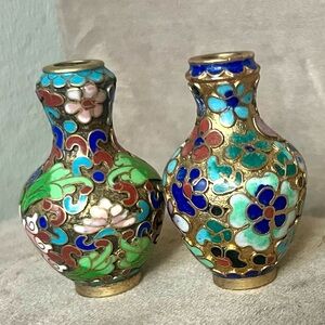 VTG Miniature Vases Chinese Cloisonne Enamel Yellow Brass Multicolor Floral